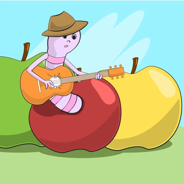 Vrolijke worm gecrawld uit de appel en speelt gitaar. Vector — Stockvector