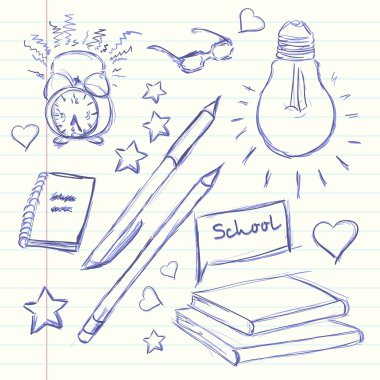 El okula geri çekilmiş. Çalar saat, gözlük, ışık, günlüğü, kalem, kalem, kitap, kalp, yıldız. Vektör