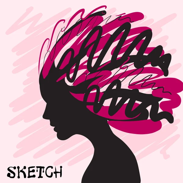 Decorative composition of girl silhouette with abstract hairstyle. hand-drawn. Individual corporate identity. It can be used as a postcard. Vector — Stock Vector