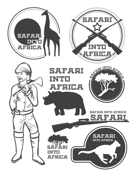 Safari in Africa. Giraffe, rhino, cheetah and hunter with weapon. Vintage style. It can be used as logo. Vector — Stock Vector