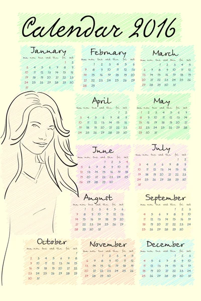 2016 calendário com menina bonito. Pode ser usado como cartões de felicitações. Estilo de desenho de esboço. Vetor —  Vetores de Stock
