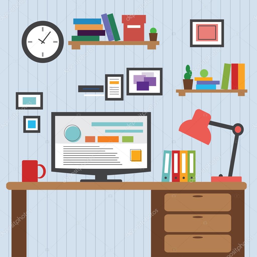 Flat Of Modern Office Interior Designer Desktop Showing