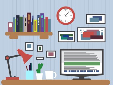 Minimalist tarzda uygulama arabirimi simgeleri ve öğeleri gösteren tasarımcı masaüstü ile modern ofis iç düz tasarım. Vektör