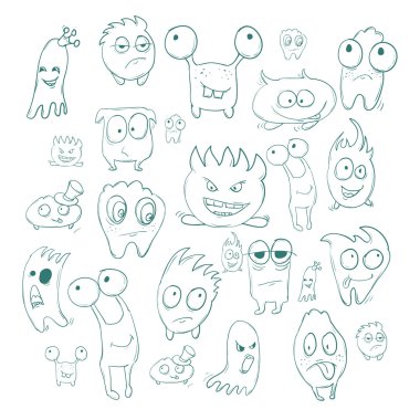 Cadılar Bayramı tatil veya tasarım için kontur komik canavarlar. Bu peri masalları ile çocuk kitapları kullanılabilir. Vektör