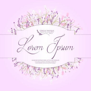 Metin için alan ile pembe bir arka plan üzerinde narin yabani çiçekler kompozisyon. Kartpostal. Vektör