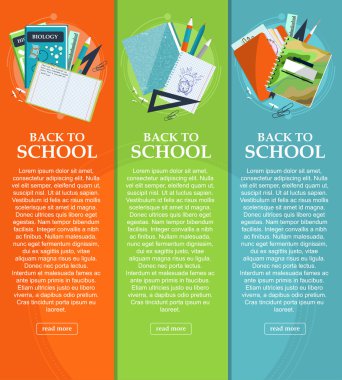 Kırtasiye malzemeleri, klasörler, kitaplar ve not defterleri ile okula geri afiş ayarlayın. Vektör