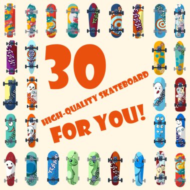 Big set of 30 high quality skateboards and skateboarding elements street style. Painted in bright figures in a cartoon. Vector clipart