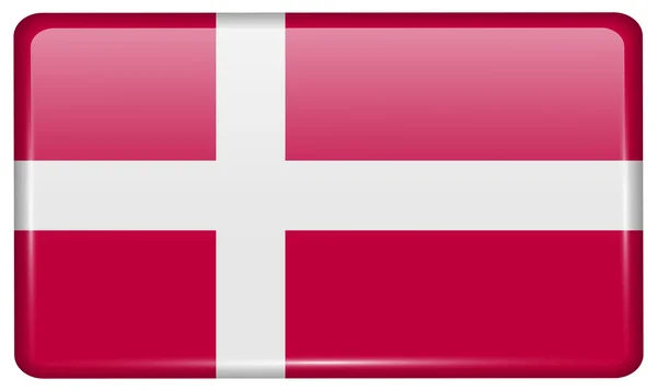 Banderas Dinamarca en forma de un imán en el refrigerador con reflejos de luz. Vector — Archivo Imágenes Vectoriales