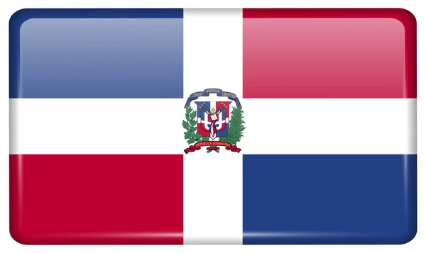 Banderas República Dominicana en forma de imán en nevera con reflejos de luz. Vector — Vector de stock