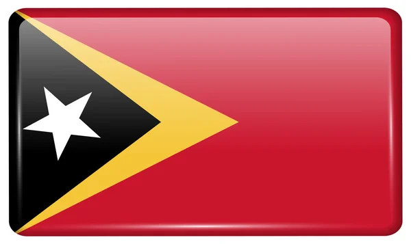 Bandeiras Timor-Leste na forma de um ímã na geladeira com reflexos de luz. Vetor — Vetor de Stock