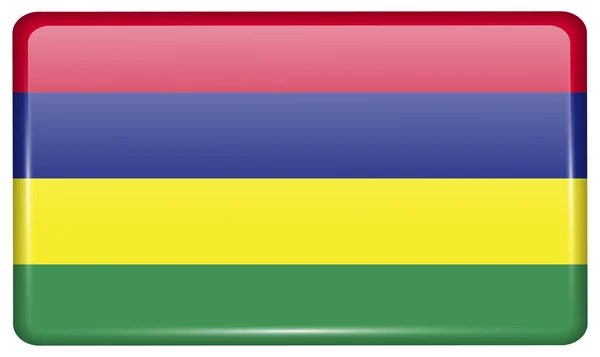 Bandeiras Maurício na forma de um ímã na geladeira com reflexos de luz. Vetor — Vetor de Stock