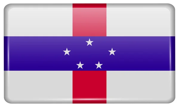 Bandeiras Antilhas Holandesas na forma de um ímã na geladeira com reflexos de luz. Vetor — Vetor de Stock