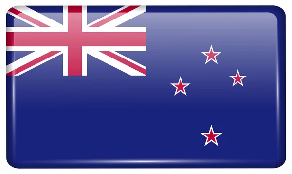 Bandiere Nuova Zelanda sotto forma di magnete su frigorifero con riflessi luminosi. Vettore — Vettoriale Stock