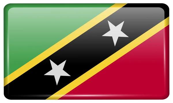 Bandeiras São Cristóvão Nevis na forma de um ímã na geladeira com reflexos de luz. Vetor — Vetor de Stock