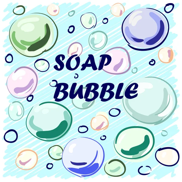 Burbujas de jabón de color dibujado a mano sobre un fondo azul para su diseño. Vector — Vector de stock