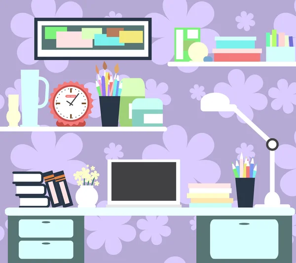 Workplace of girl with the computer, lamp, books, watches and other items. Vector — ストックベクタ