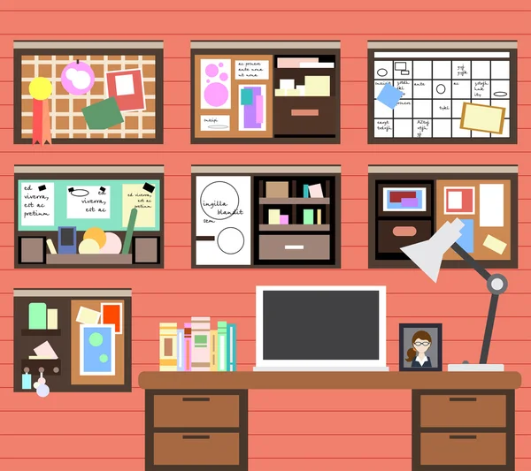 Workplace of man with the computer, lamp, books and many details. Vector — Stockvector