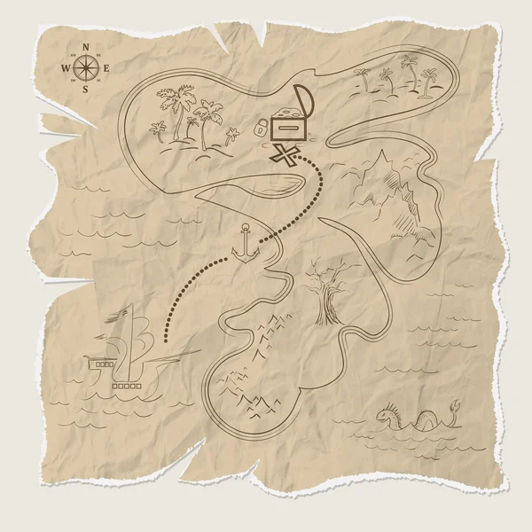 Mapa do tesouro pirata da ilha em papel velho. Vetor — Vetor de Stock