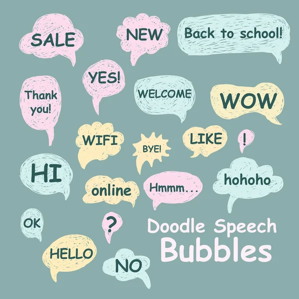 Set of doodle speech bubbles on a green background with different inscriptions in the middle. Vector — Stock Vector