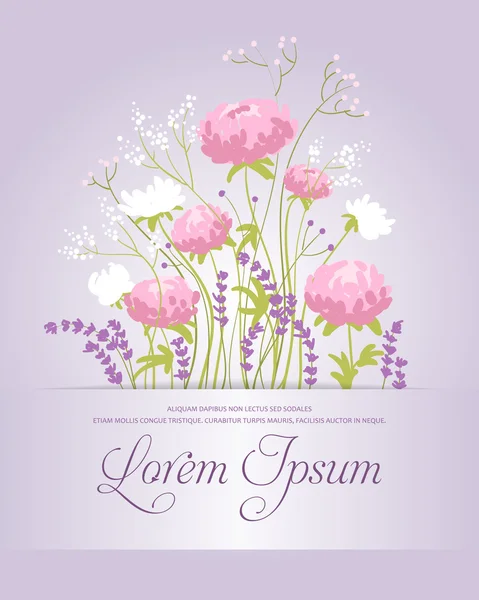 Composizione con peonie, lavanda e fiori di campo. Il card. Vettore — Vettoriale Stock