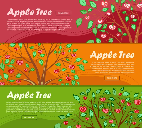 Three colorful banners with apple tree and place for your advertisement. Vector — Stock Vector