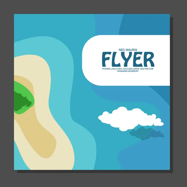 Flyer en style plat avec une carte de l'île pour voyager et des vacances sur des nuages de yacht dans le ciel. Vue depuis le vol des oiseaux. Vecteur — Image vectorielle