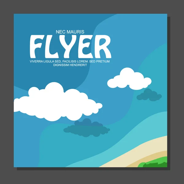 Flyer im flachen Stil mit einer Karte der Insel zum Reisen und Urlaub auf Yachtwolken am Himmel. Blick aus dem Vogelflug. Vektor — Stockvektor