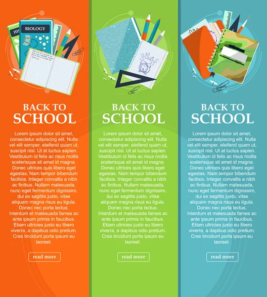 Set of banners back to school with stationery, folders, books and notebooks with place for your text. Vector — Stock Vector