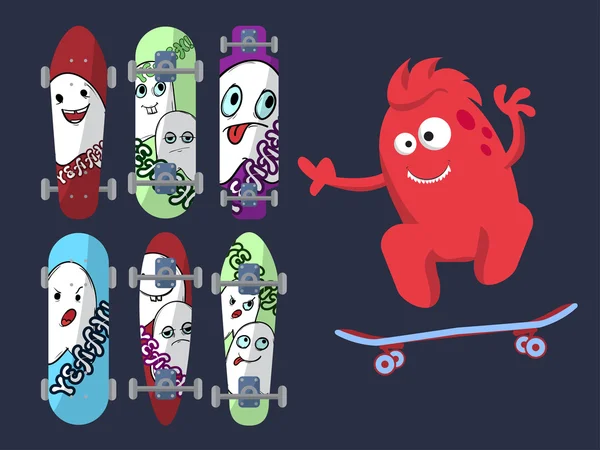 Seis skate brilhante com imagens de fantasmas bonitos em um fundo escuro com um monstro vermelho. Vetor —  Vetores de Stock