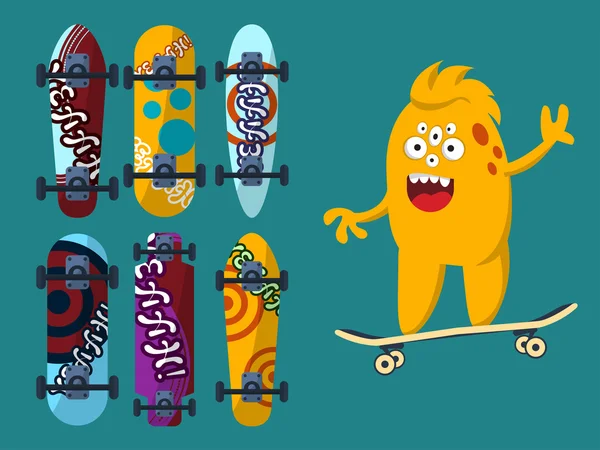 Coleção de skate brilhante em um fundo escuro com um monstro amarelo. Vetor —  Vetores de Stock