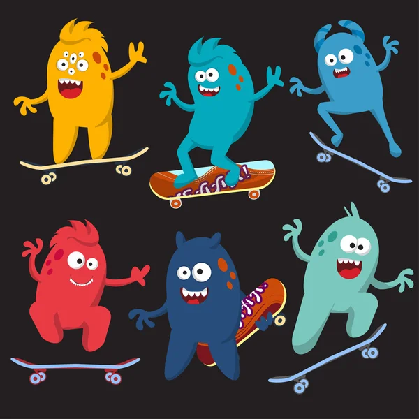 Conjunto de alegre e colorido monstro dos desenhos animados que montam skates. Vetor —  Vetores de Stock