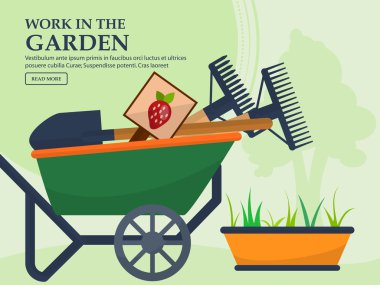 Wheelbarrow with garden tools and a long pot plants on a light background with a place for your advertising. Vector