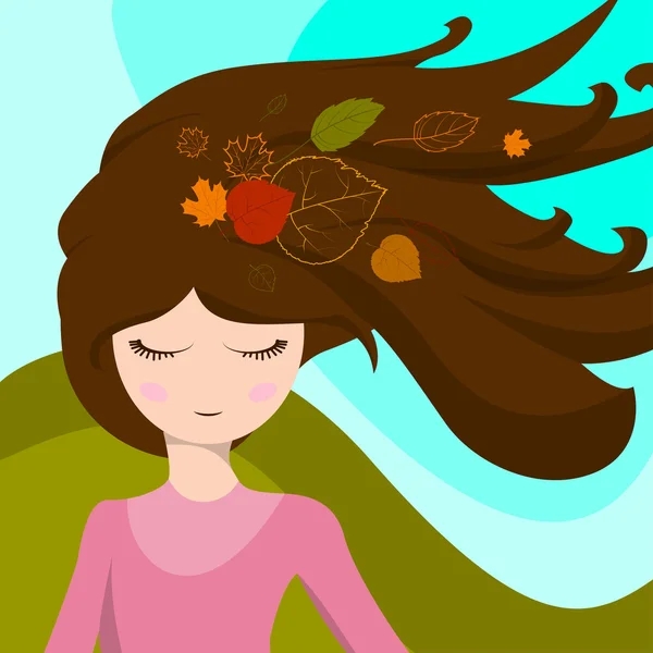 Linda chica con hojas en el pelo, que se desarrollan en el viento. Vector — Vector de stock