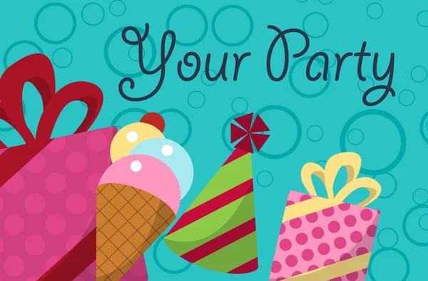 Κάρτα σας κόμμα με δώρα, μπαλόνια, παγωτό και καπέλο για σχεδιασμό. Διάνυσμα — Διανυσματικό Αρχείο