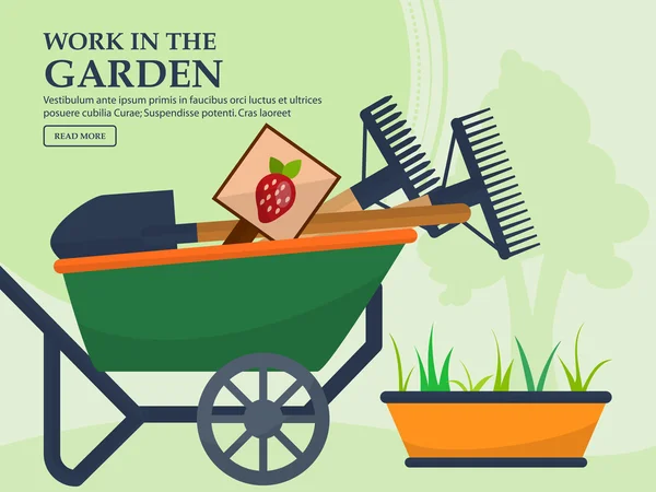 Wheelbarrow with garden tools and a long pot plants on a light background with a place for your advertising. Vector — Stok Vektör