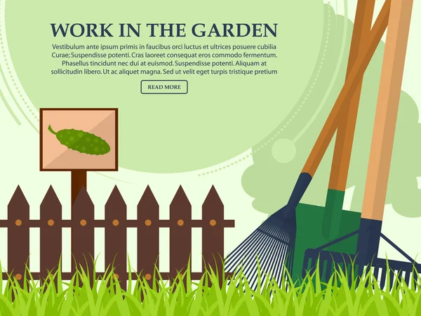 Outils de jardin et une clôture sur un fond clair avec place pour votre texte. Vecteur — Image vectorielle