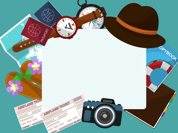Marco con un sombrero, boletos, pasaportes y otros artículos para el turista sobre un fondo verde. Vector — Vector de stock