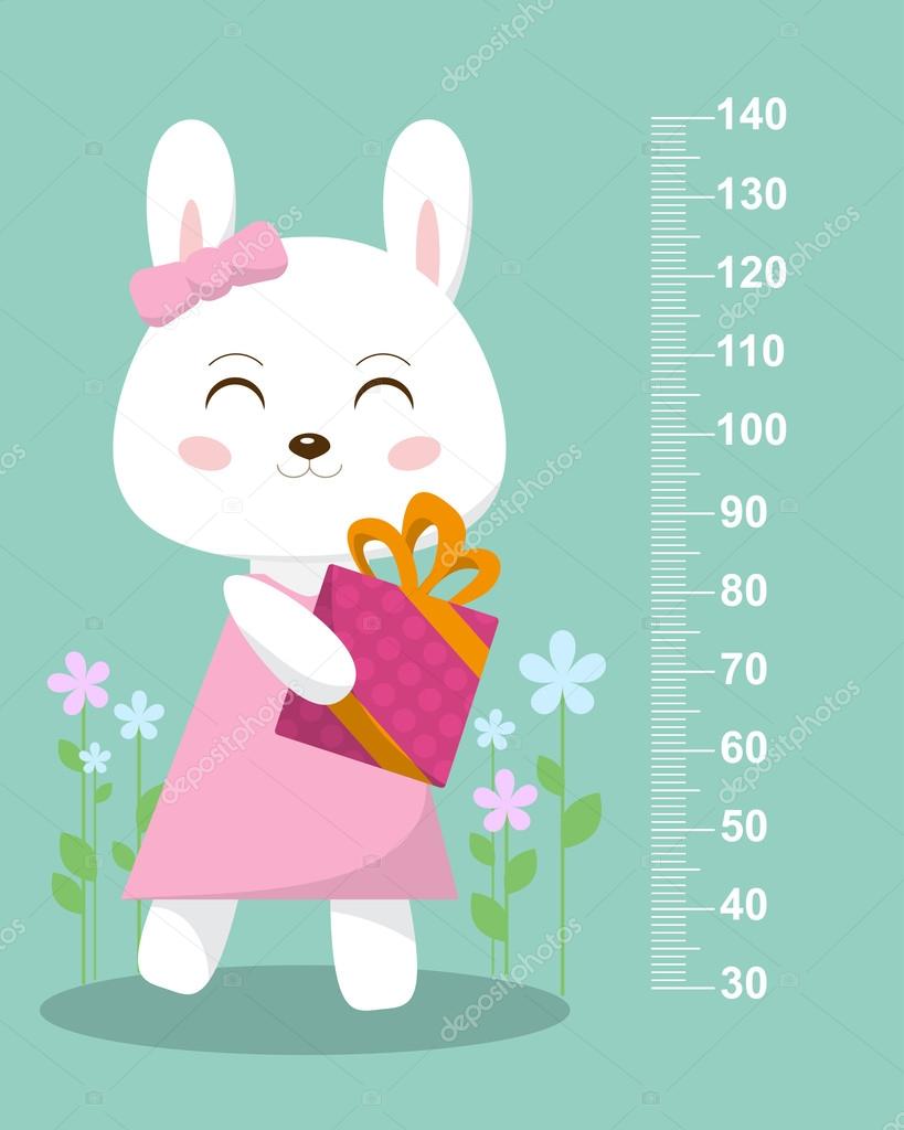 Cute bunny with a gift on a background of flowers. Stadiometer. Vector
