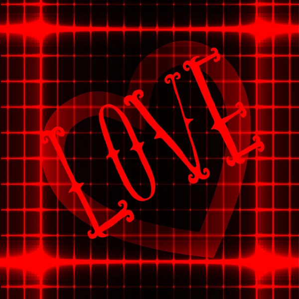 LOVE icon on red neon abstract background with heart at the center. Vector — Stock Vector