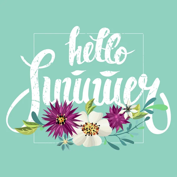 Zomer belettering achtergrond met bloemen. — Stockvector