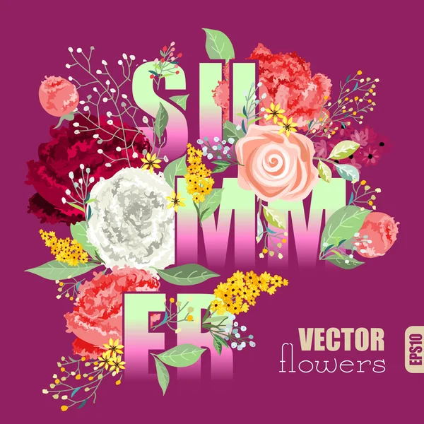 Sammansättning med vackra blommor och ordet "sommar" — Stock vektor