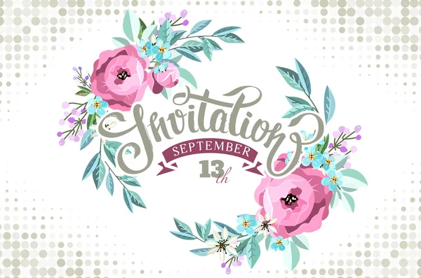 Cartão de convite com letras e coroa floral . — Vetor de Stock