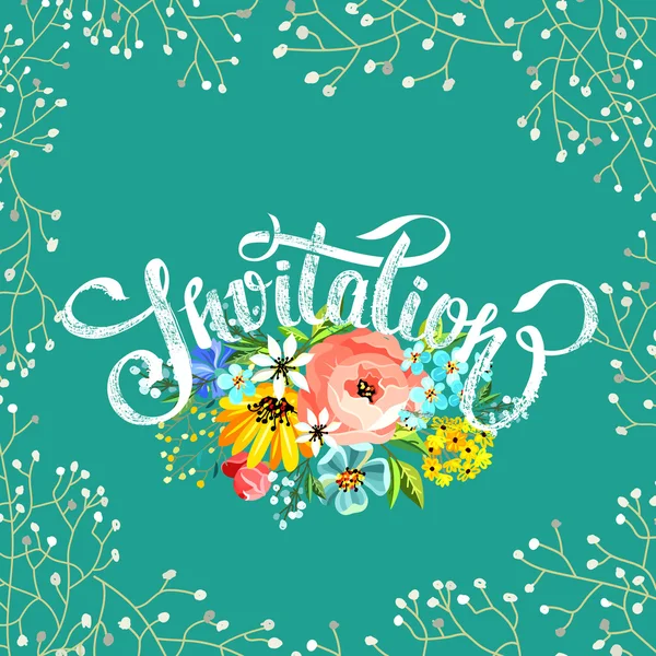 Invitation card with flowers and lettering. — Stock Vector