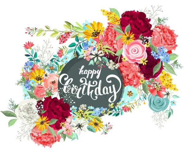 Verjaardagskaart met belettering en bloemen. — Stockvector