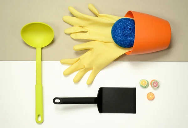 Flat lay - kitchen stuff housework concept — Stock Photo, Image