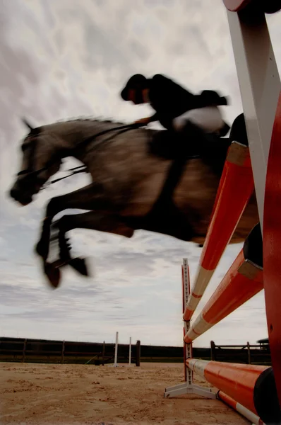 Rider jump obstacle with horse — Stock Photo, Image