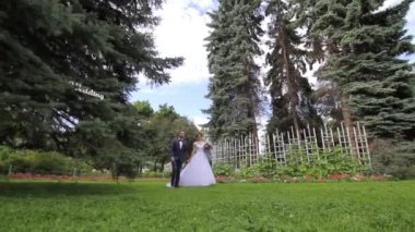 Gelin ve damat çimenlerin üzerinde yürüyüş.
