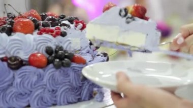 Çift düğün pastasından bir tabağa koy. Doğum günü pastası.