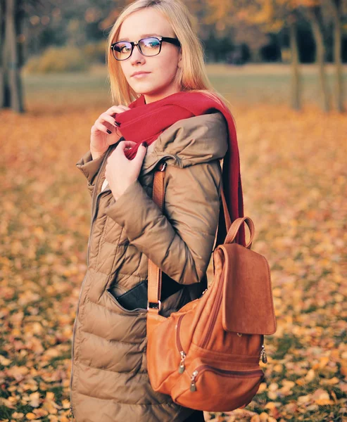 Hermosa chica estudiante con una mochila, gafas, al aire libre . — Foto de Stock