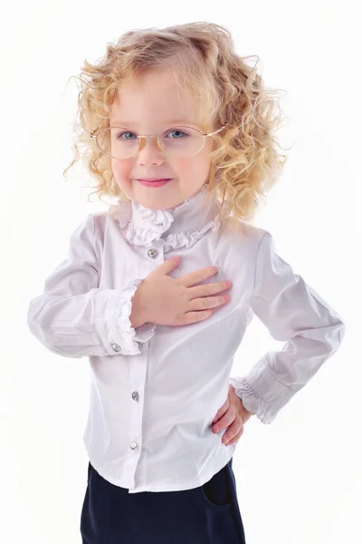 Retrato de uma menina com óculos isolados um branco — Fotografia de Stock